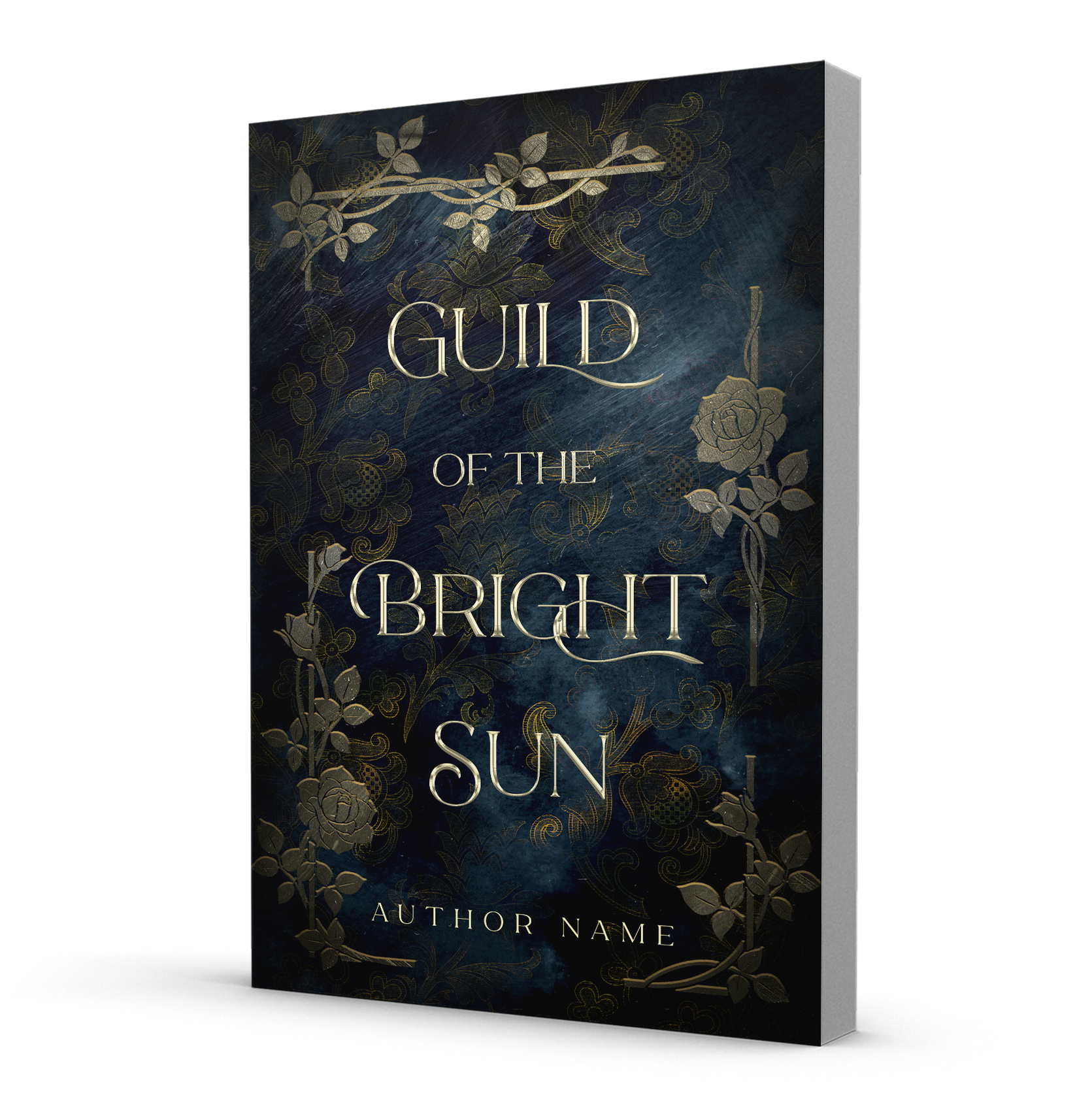 A dark fantasy book cover design with golden climbing roses on a blue damask background.