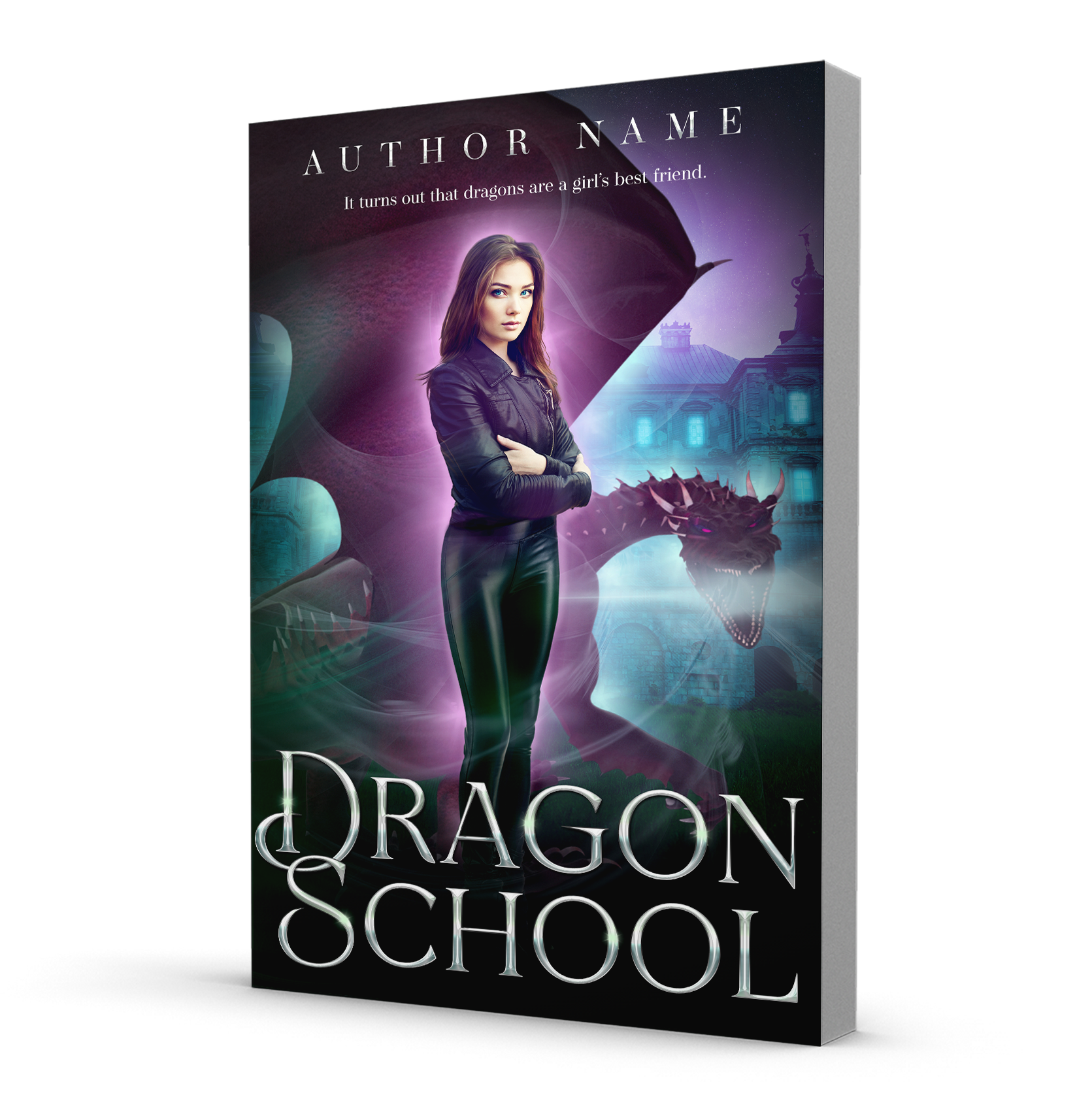 A young woman stands in front of a dragon with a gothic academy building in the background.