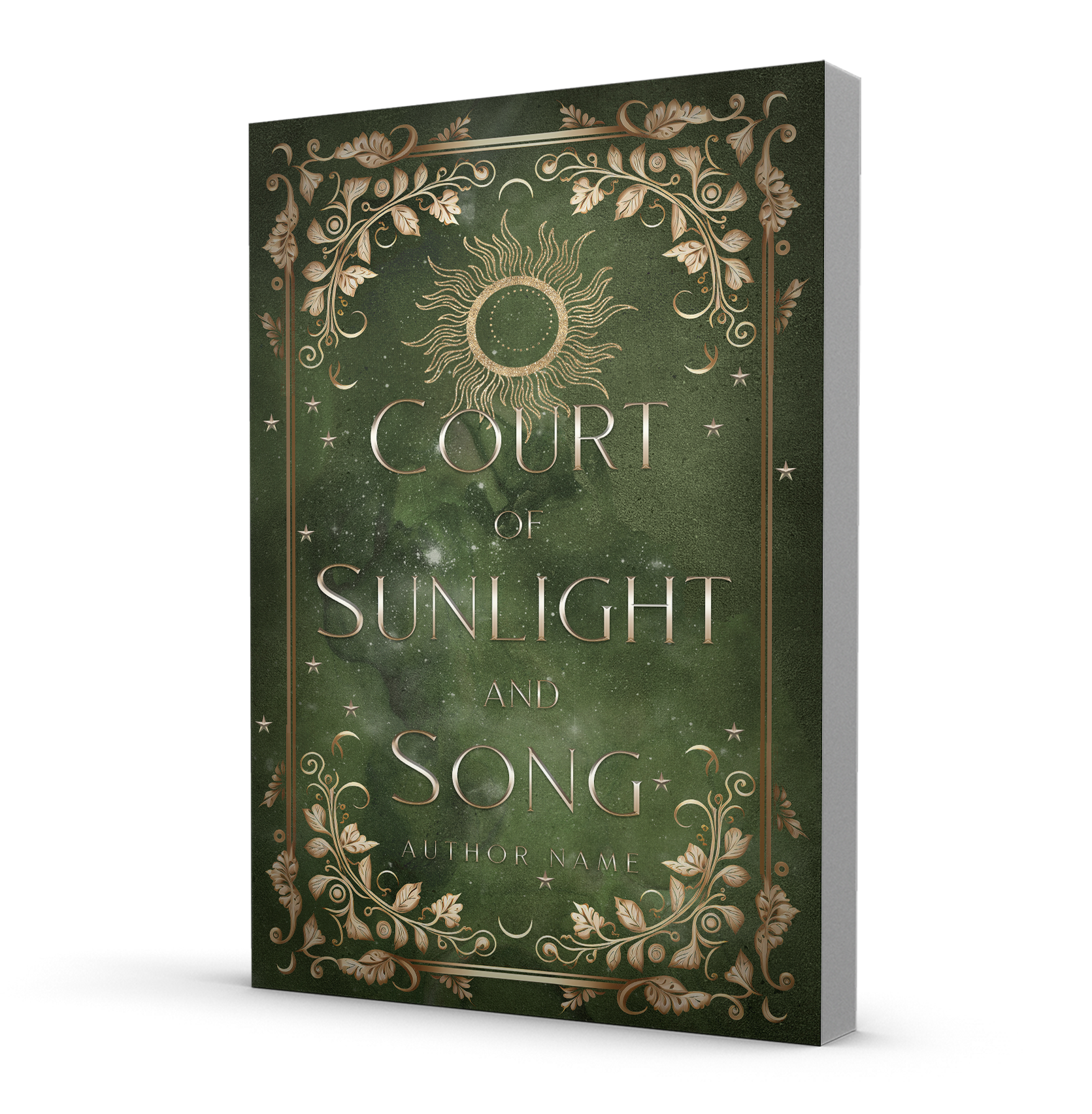 A green and gold fantasy book cover design with a vine border and a golden sun motif.