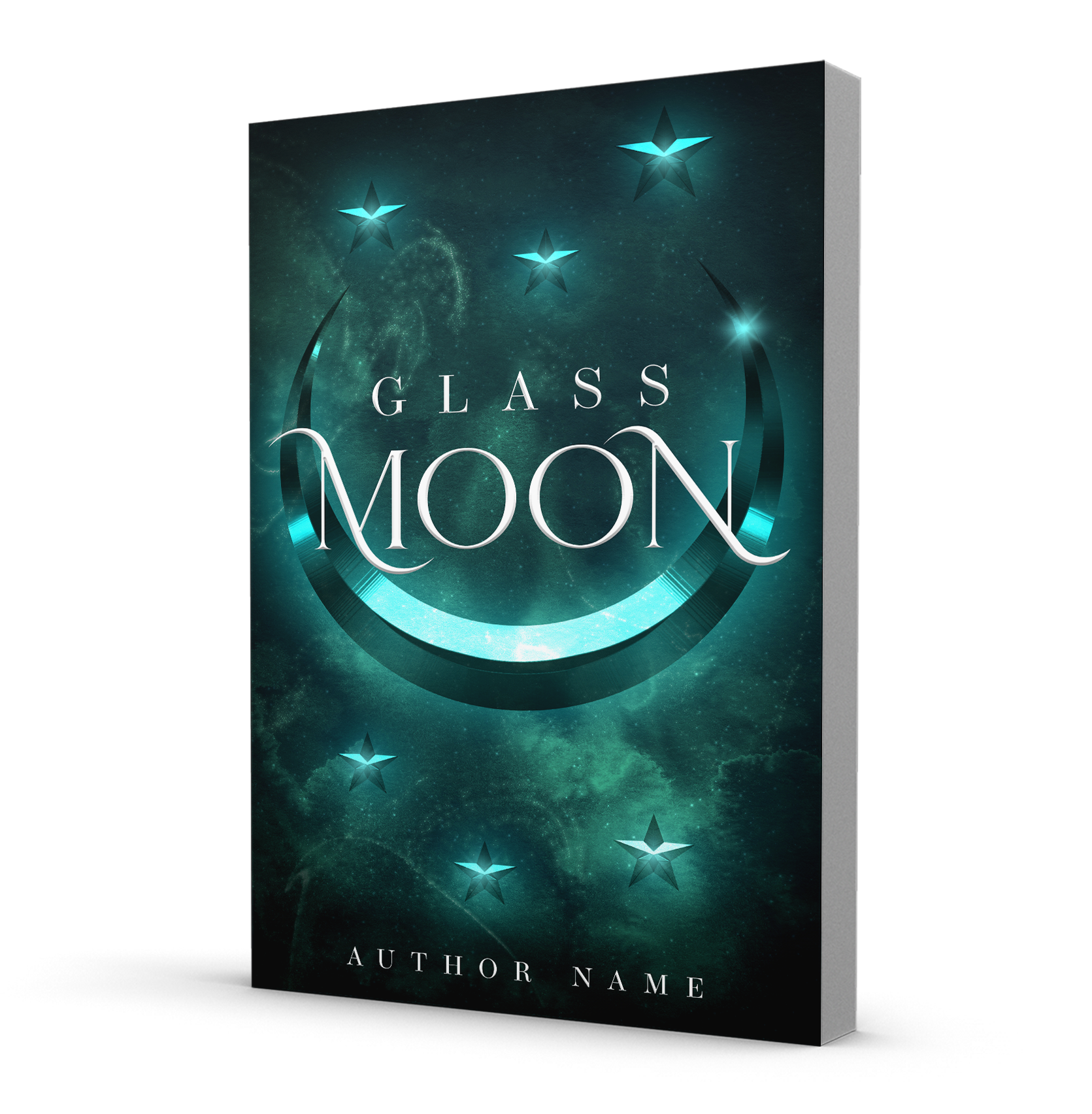 A pre-made dark fantasy book cover showing a glowing glass moon and stars.