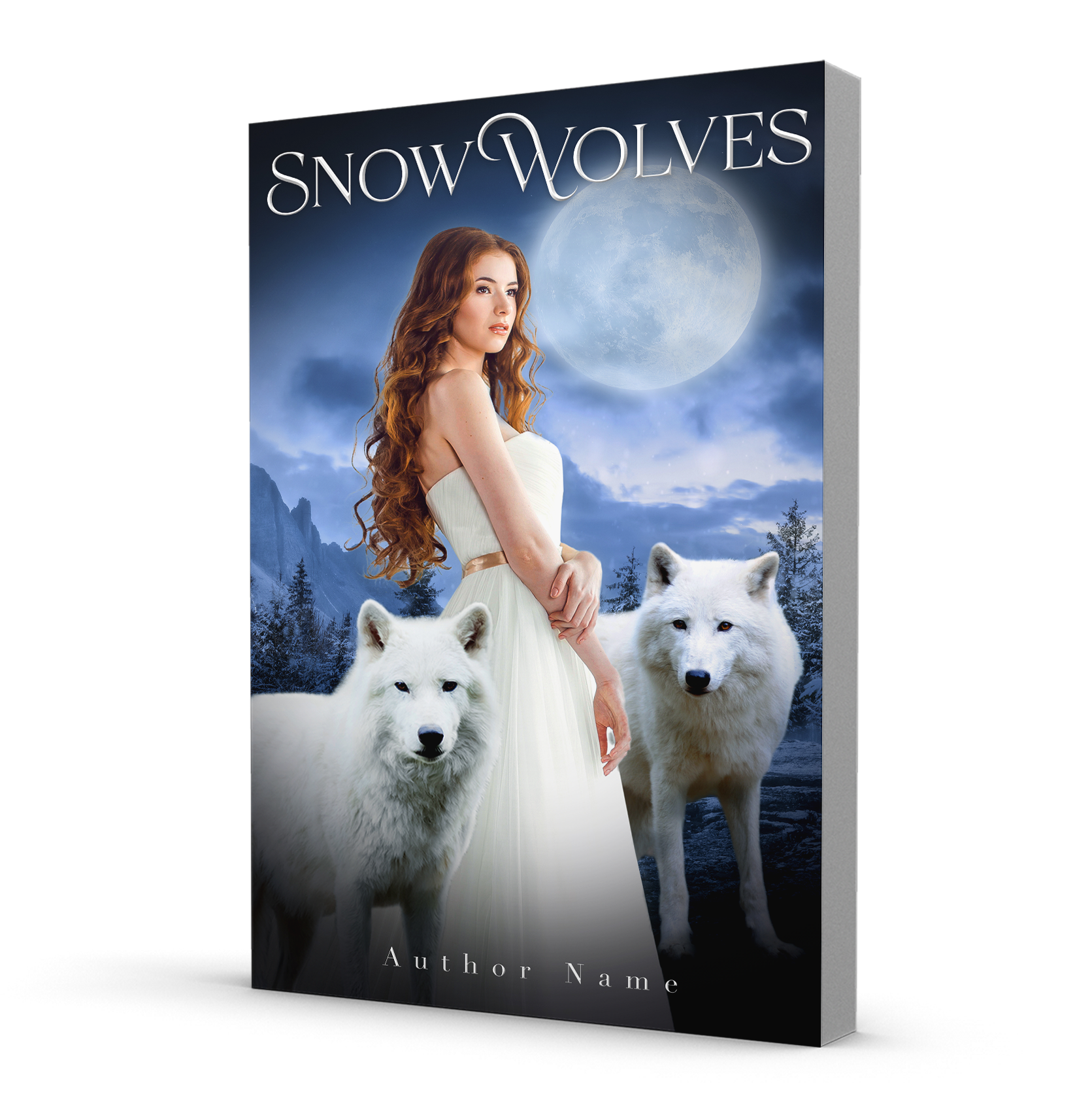 A long-haired woman in a dress under a mountain moon with two white wolves.