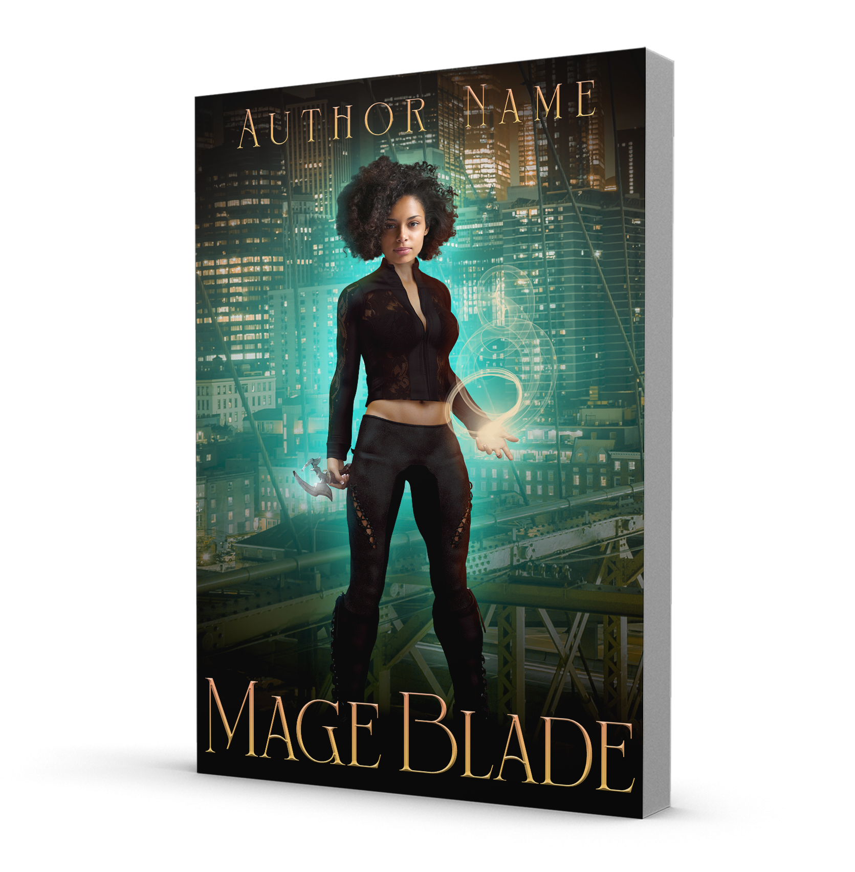 Urban fantasy book cover design featuring a Black heroine holding a ball of glowing magic and a bladed weapon in front of a city skyline.