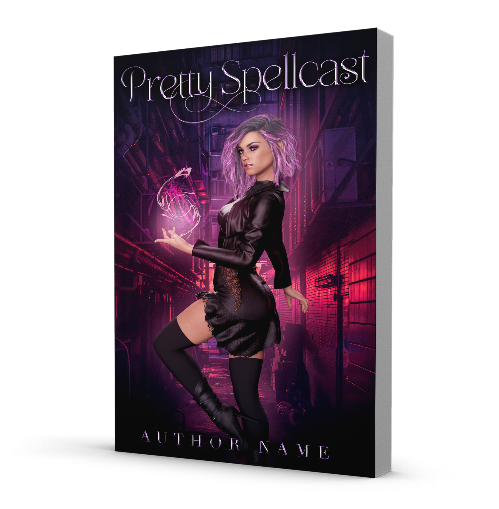Urban fantasy book cover with sexy pink-haired witch casting magic in a dark city alley.