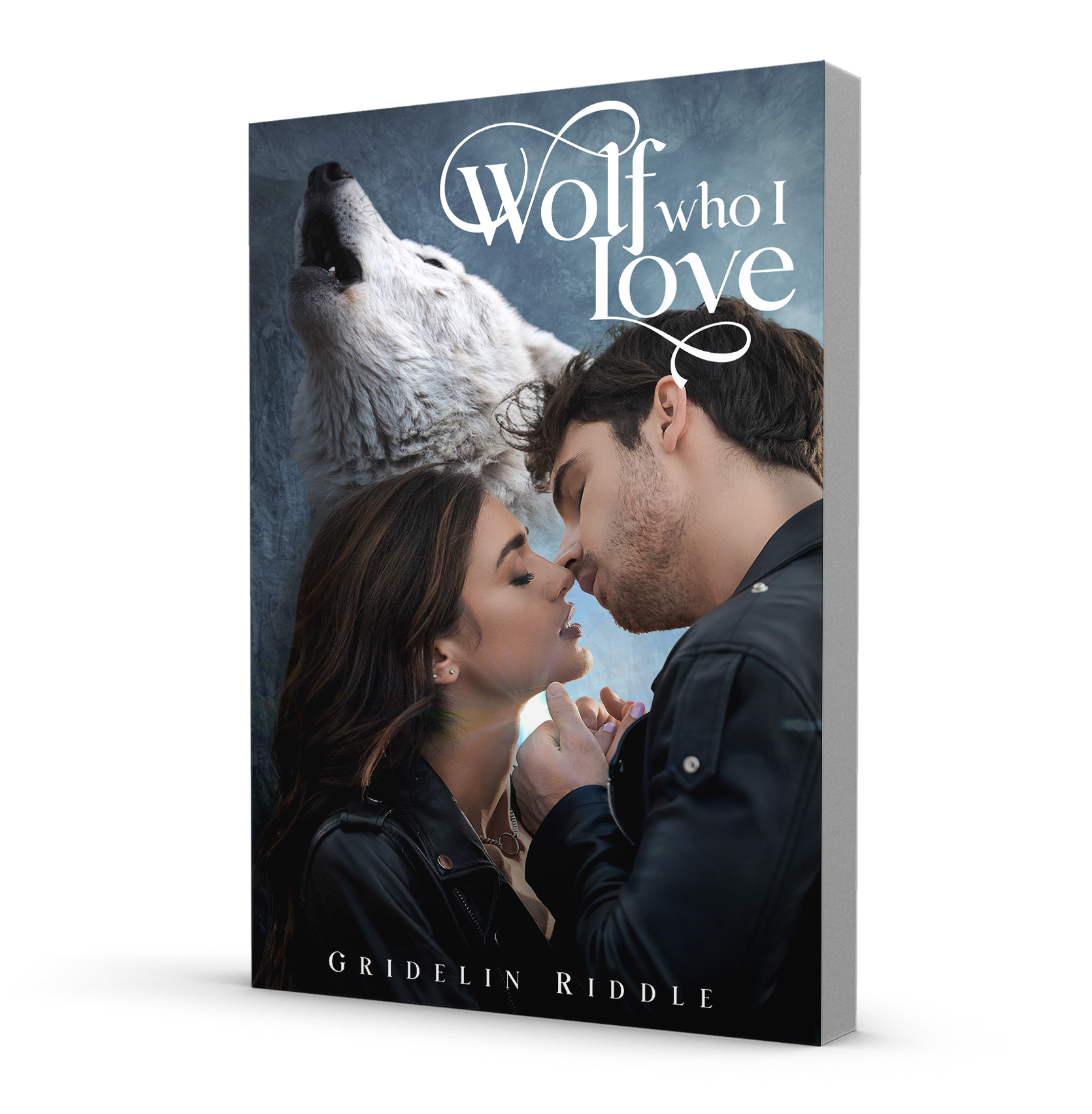 A paranormal romance book cover with a couple in modern clothes about to kiss, a howling wolf motif in the sky above them.