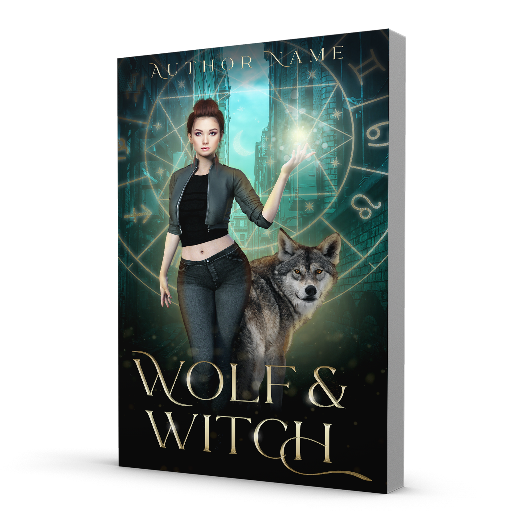 A paranormal romance book cover showing an urban witch holding a ball of magic with a wolf shifter companion.