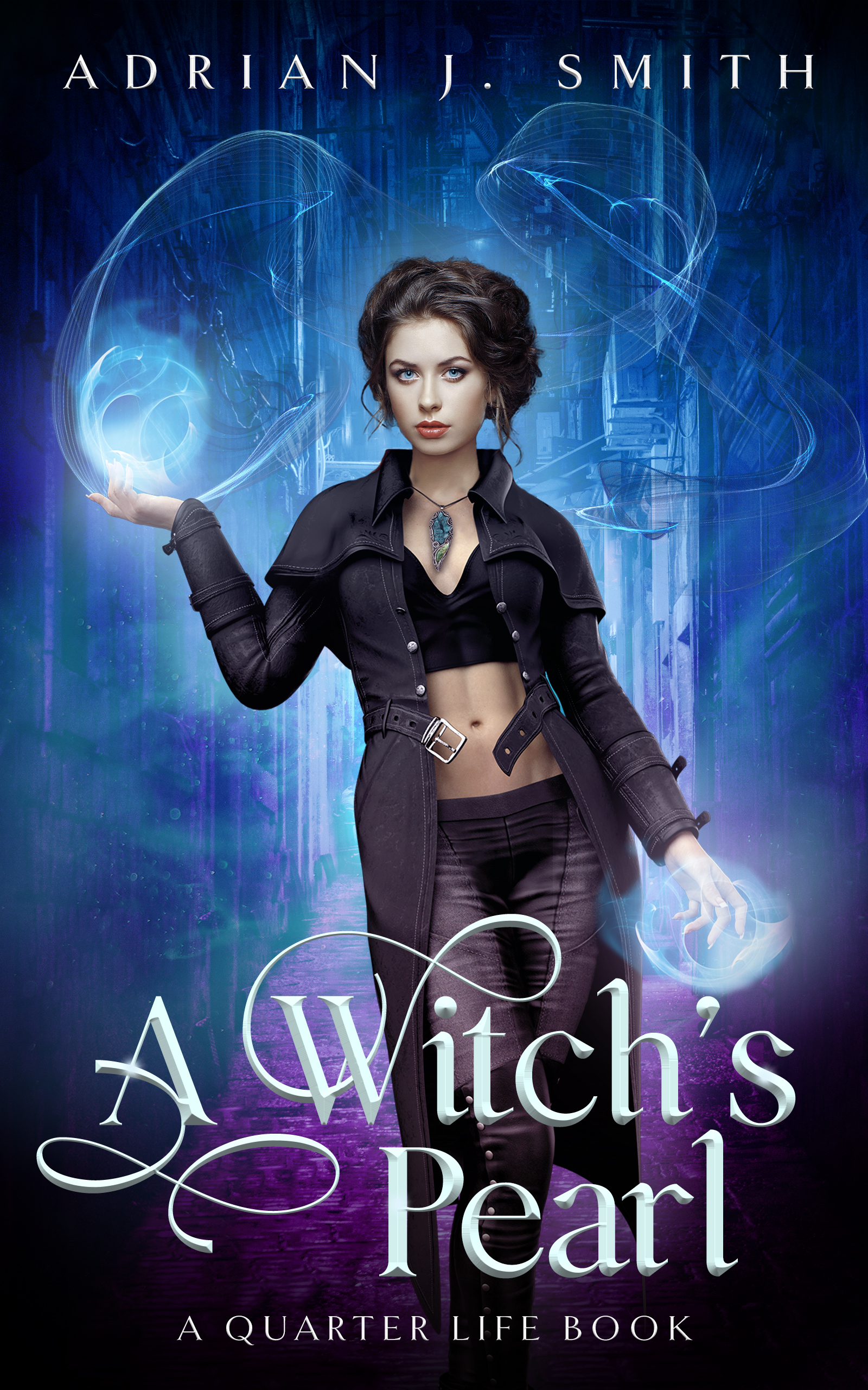 Urban fantasy book cover design with witch and magic.