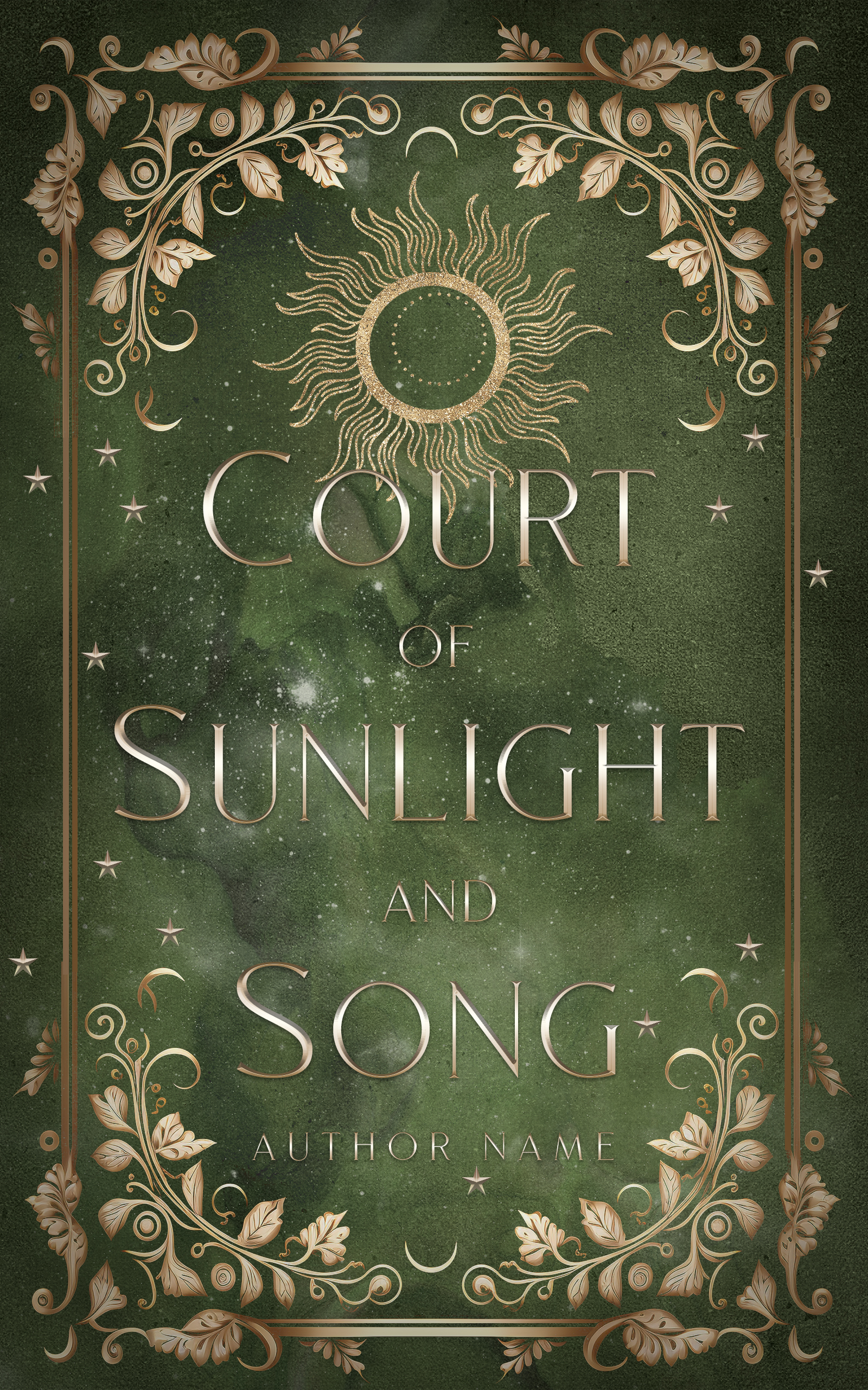 A green fantasy book cover with gold botanical and sun decorations.