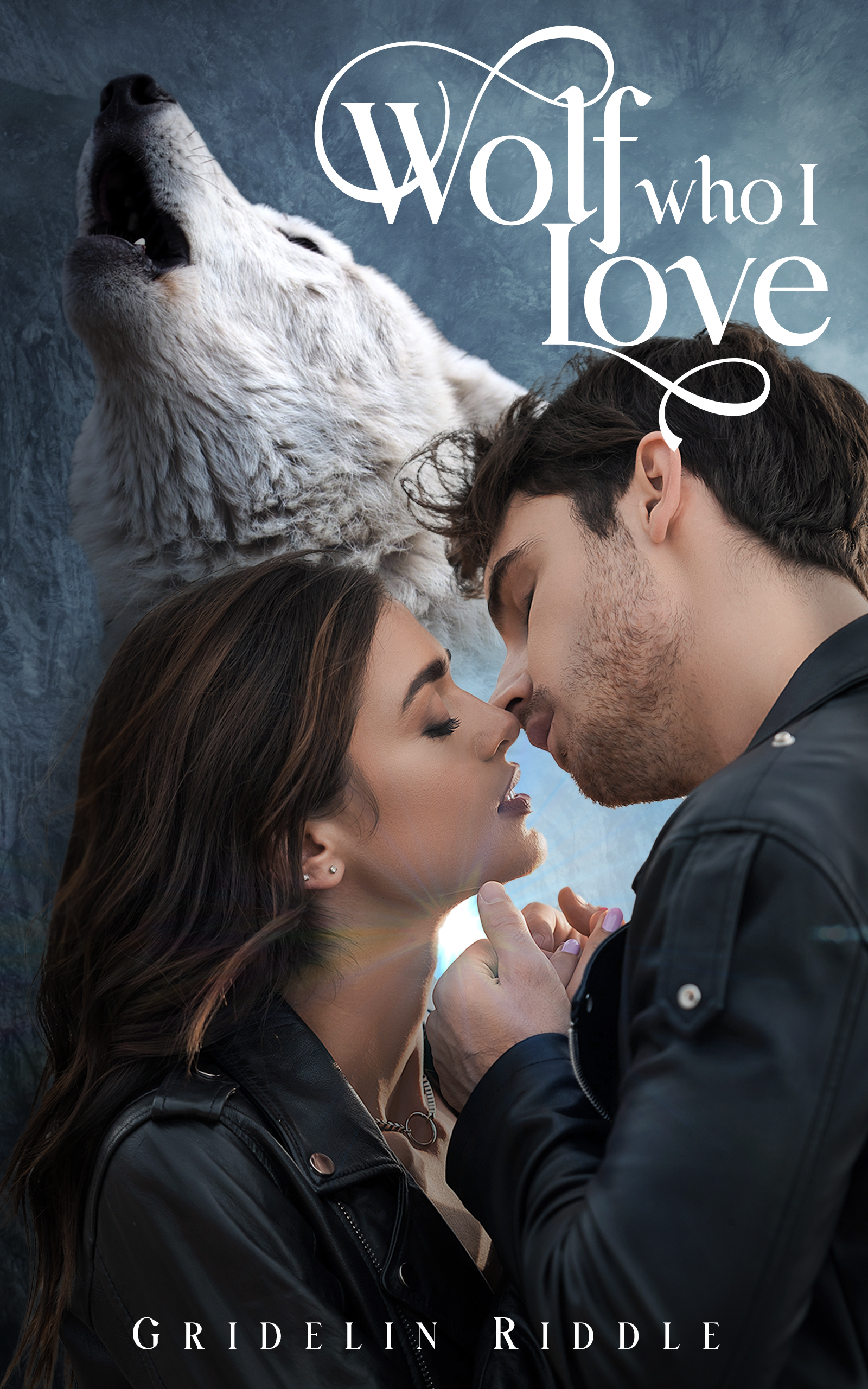 Wolf shifter couple kissing book cover.
