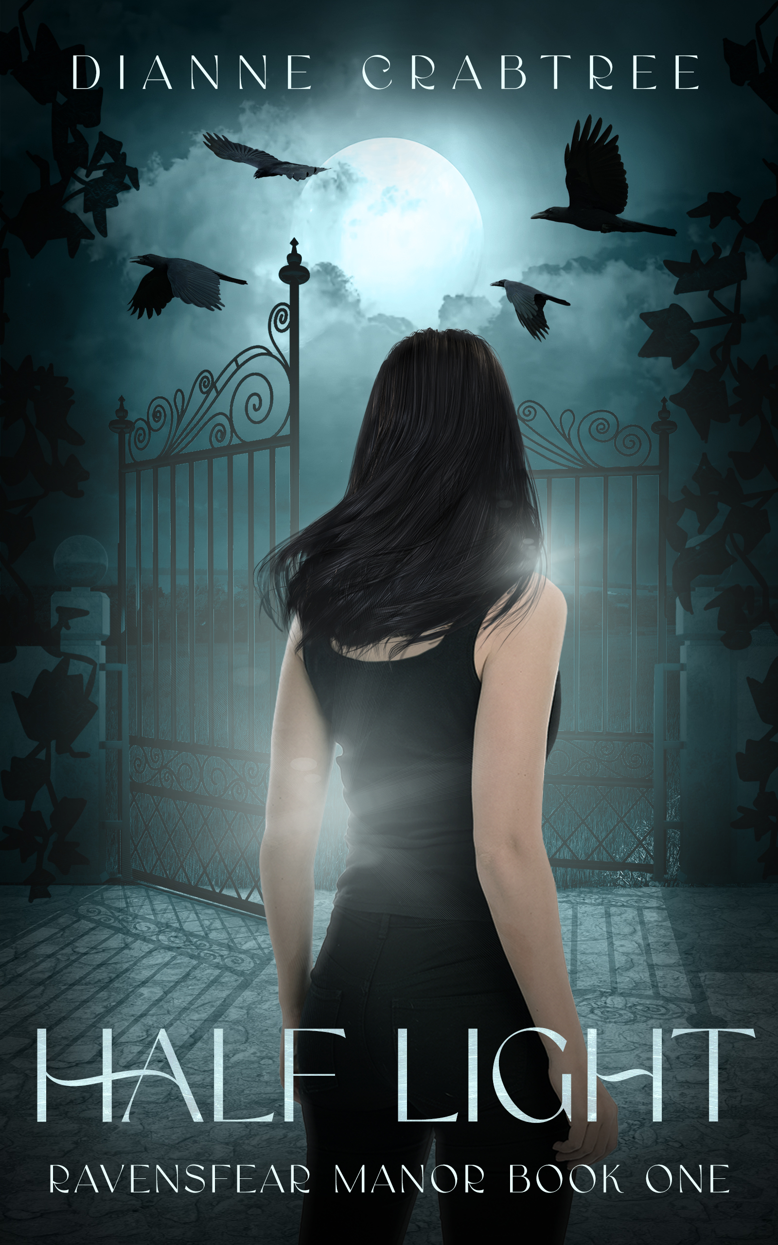YA fantasy book cover with girl in front of moonlit gate. 
